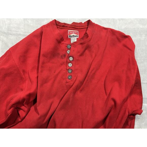 Vintage 90s Marlboro Red Henley Shirt Smoker Grunge Punk XL Cigarette Thrashed - Picture 16 of 16